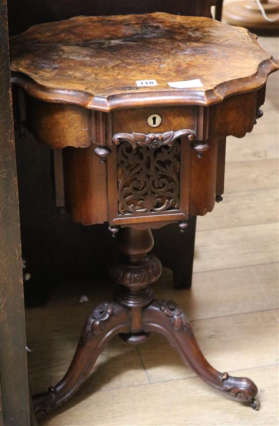 A Victorian burr walnut tripod work table W.48cm